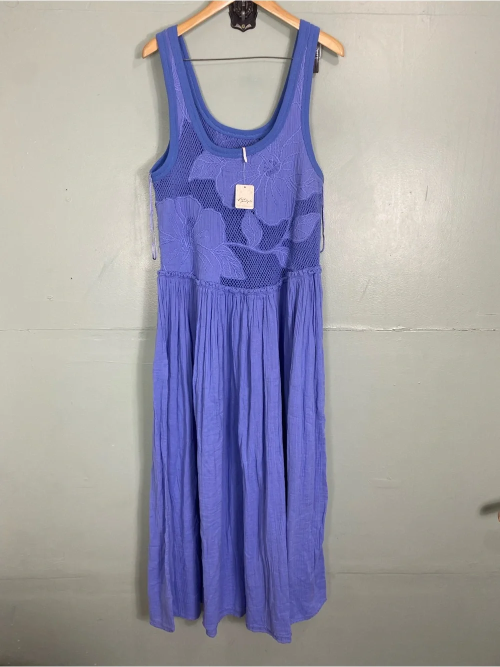 Free People Floral Pearl Maxi Dress Sundress Gauze Cotton Large Blue - Picture 5 of 7